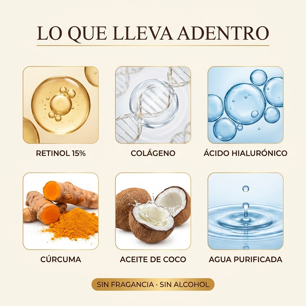 Ingredientes: retinol, colágeno, ácido hialurónico, cúrcuma